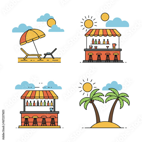 Beach Icons Sunbathing, Bar Service, Island Life. Vector Illustration