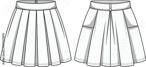 Mini pleated tennis skirt technical drawing, vector flat fashion sketch template, sports casual apparel design mockup, front and back view

.