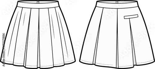 Mini pleated tennis skirt technical drawing, vector flat fashion sketch template, sports casual apparel design mockup, front and back view

.