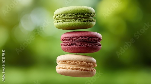 Colorful Macarons Suspended in Air with Bokeh Effect and Blurred Green Background