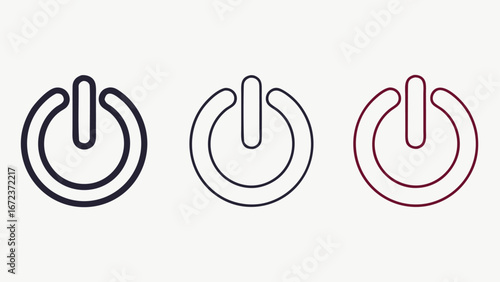 Three power button icons in different colors and styles