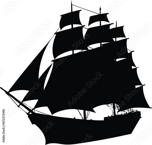 Majestic Silhouette of a Full-Rigged Ship Sailing the Seas A Timeless Depiction of Maritime History and Nautical Adventure