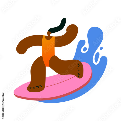 Surfing character in retro cartoon style. Cartoon characters: woman in swimsuit on surfboard, wave, ocean splashes. Summer vacation concept with sea sports. Flat vector illustration.