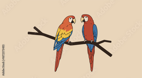 Parrots Perching Together on a Branch in Nature