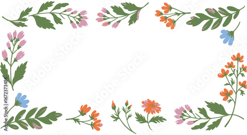 A colorful floral border with leaves and flowers on a white background