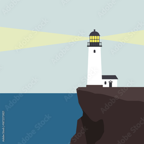 Lighthouse Shining Light on Cliff at Sea