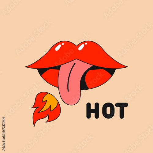 Spicy food lips shapes in retro cartoon style. Condiments and peppers: chili, hot sauce, flames, jalapeno. Hot taste sticker, illustration in funky, doodle style, trendy.