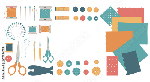 Colorful sewing supplies and materials arranged in a circular pattern