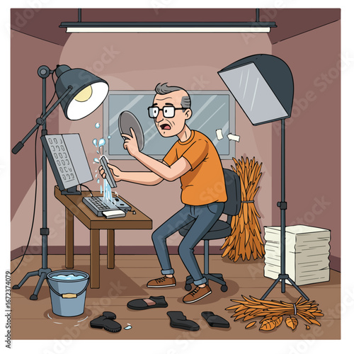 Man Spilling Water onto Computer Equipment in Messy Studio