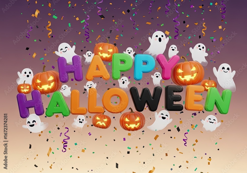 Fototapeta premium Photo of happy halloween with cute ghosts, pumpkins, and colorful confetti, perfect for holiday themed designs, invitations, and decorations for a spooky celebration