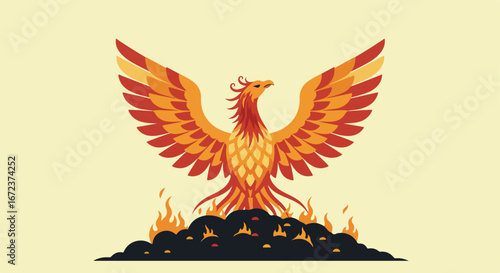 Phoenix Rising From Ashes Graphic, Wings Spread in Fire