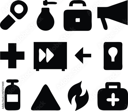 Collection of medical and service related icons in black silhouette on white background