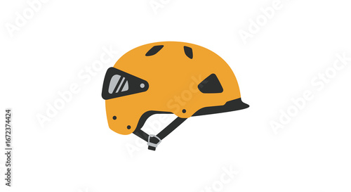 Yellow climbing helmet with black ventilation holes and chin strap