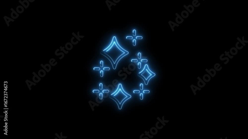 Glowing Neon Starburst Sparkle Icons Isolated on Black Background Animated Abstract Light Effects