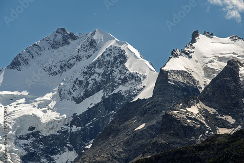 Majestic view of Piz Bernina with Biancograt ridge in the Swiss Alps