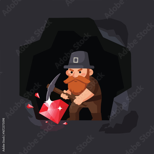 Miner Digging Ruby With Pickaxe in Dark Cave