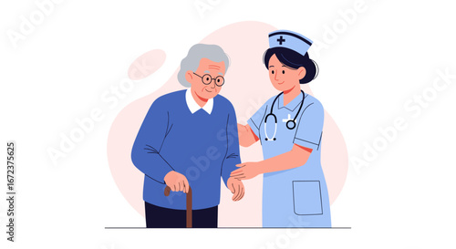 A compassionate nurse provides gentle support and assistance to an elderly woman using a walking stick, symbolizing dedicated elder care.