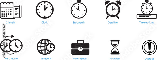 Collection of time management icons calendar clock stopwatch briefcase hourglass for productivity and scheduling vector
