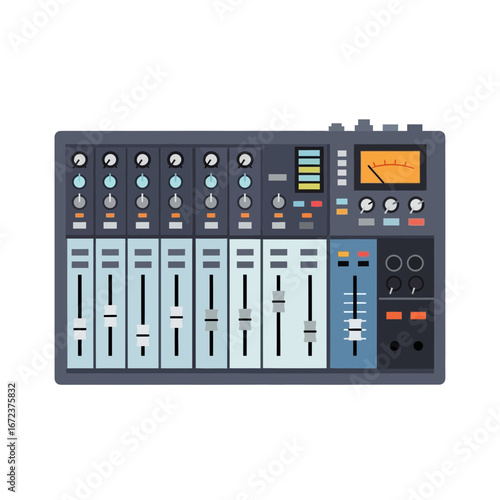 Audio mixing console with faders knobs and screen.