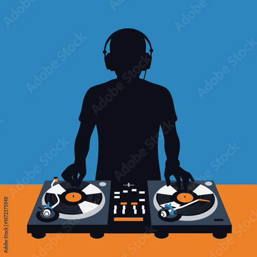 Silhouette of a dj with turntables and headphones against a blue and orange background.