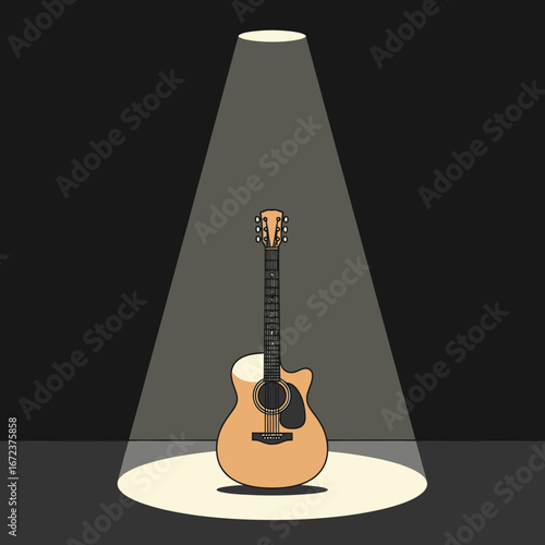 Acoustic guitar illuminated by a spotlight on a dark stage.