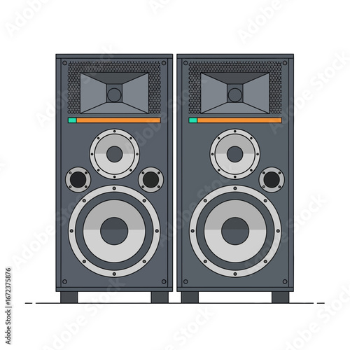 Two tall grey speakers stand side by side against a white background.