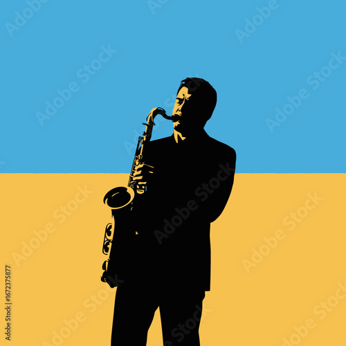 Silhouette of a man playing a saxophone against a blue and yellow background.