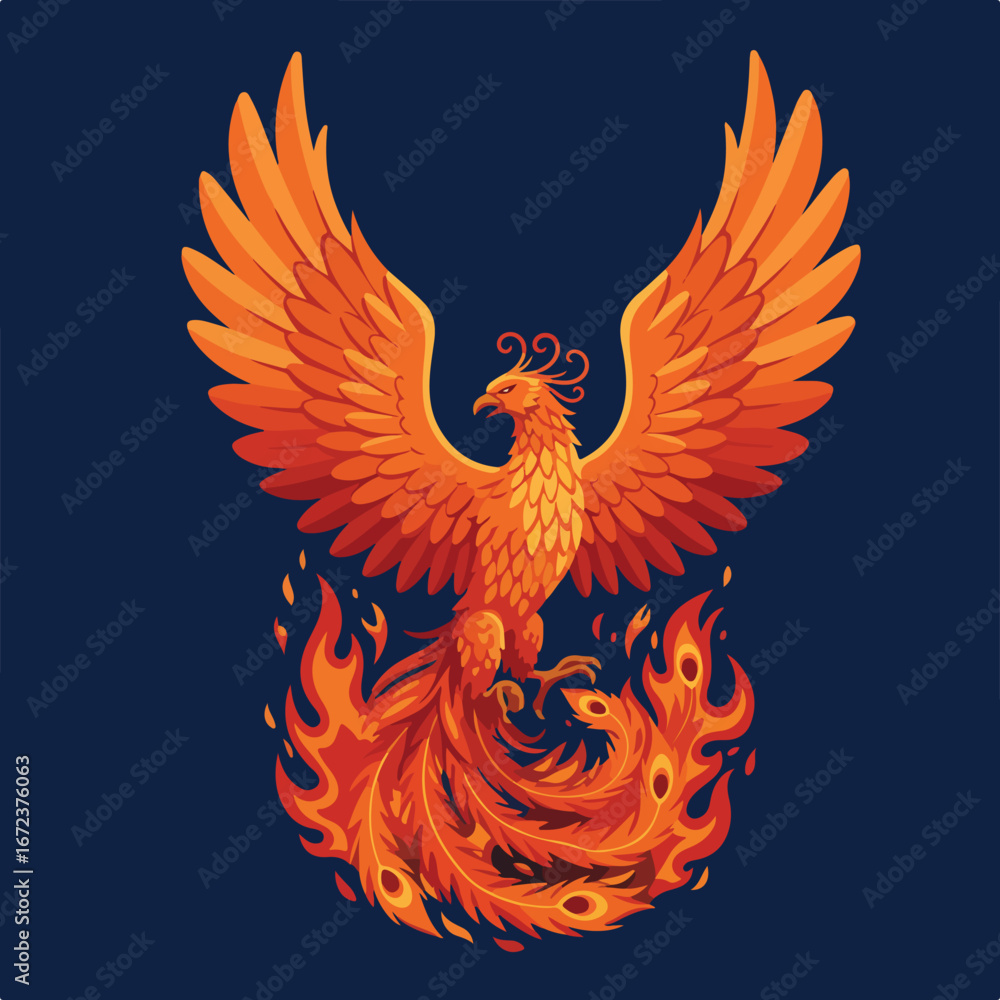 Obraz premium Phoenix Rising in Flames Against a Dark Blue Background < 75 char