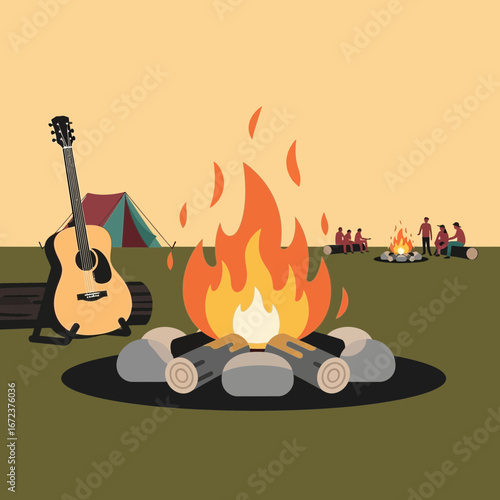Campfire with guitar and tents under a warm sky.