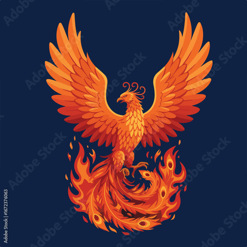 Phoenix Rising in Flames Against a Dark Blue Background < 75 char