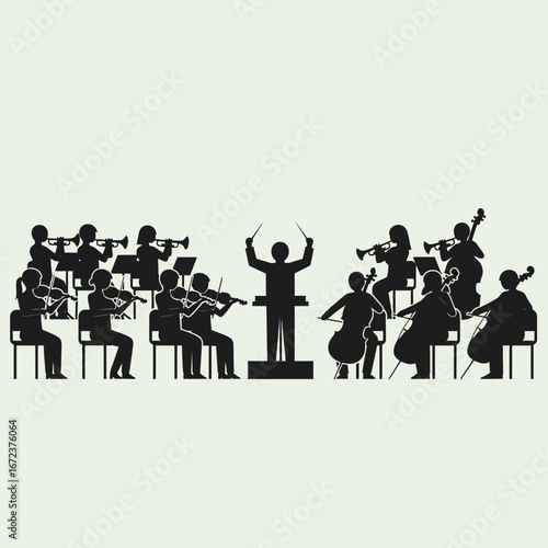 Silhouetted orchestra performing under a conductor's direction.