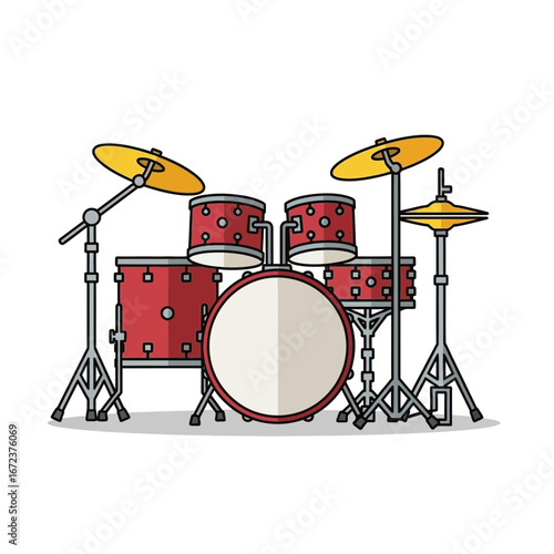 Red drum set with cymbals on stands against white background.