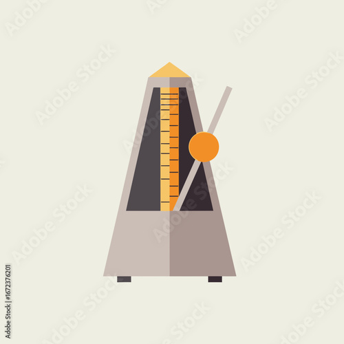 A metronome with a swinging pendulum on a light background.
