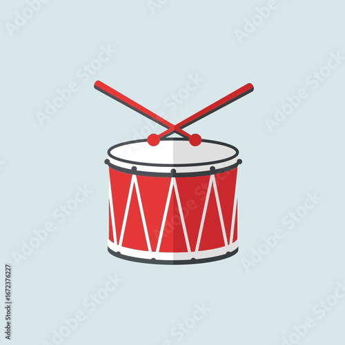 Red drum with drumsticks on a light blue background.