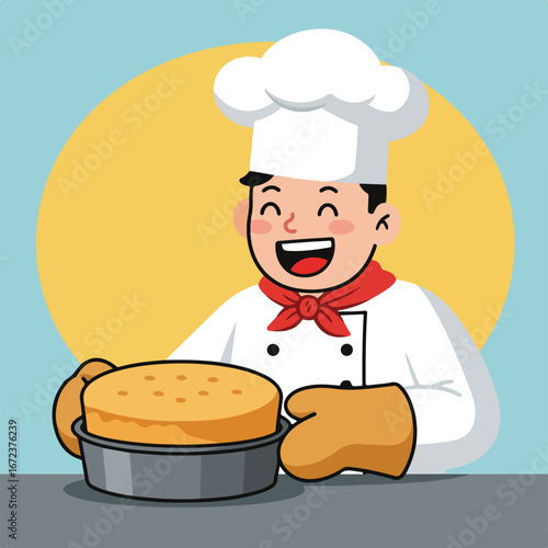 Chef Presents Freshly Baked Cake in Kitchen