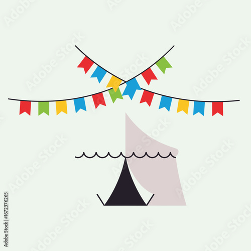 Tent with colorful bunting flags overhead against a light background.
