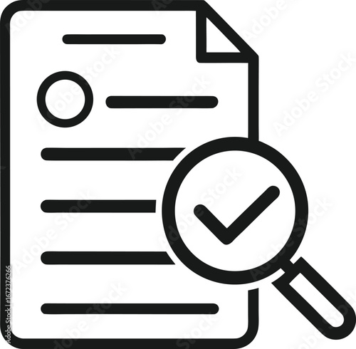 document verification icon with magnifying glass and check mark for approval