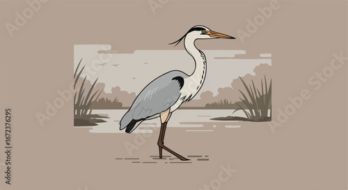 Heron Standing Gracefully in Marshland Landscape