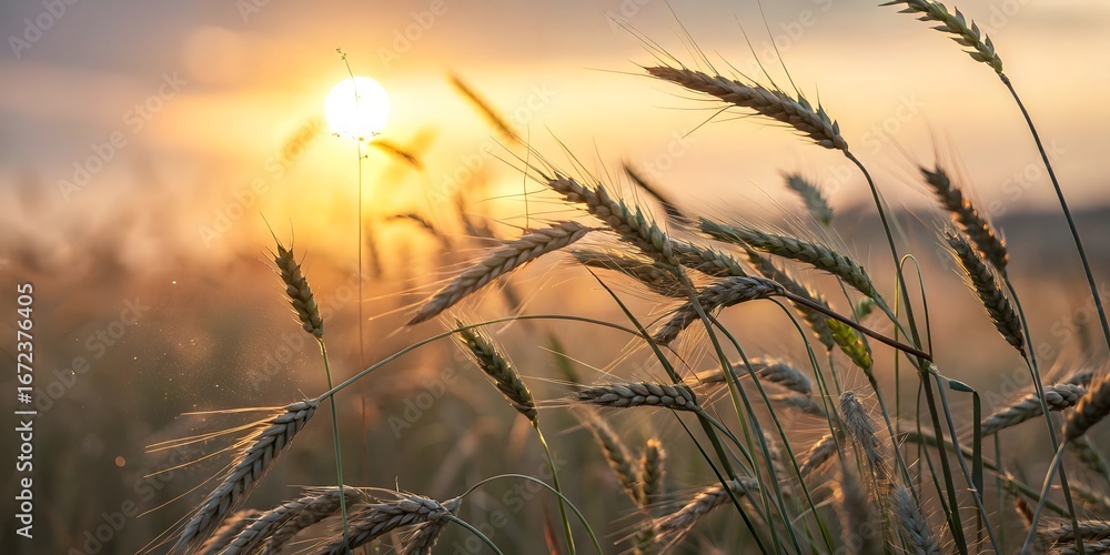 Obraz premium Golden wheat field at sunset with sun shining through the grain stalks.