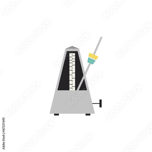 A metronome with a swinging pendulum on a white background.