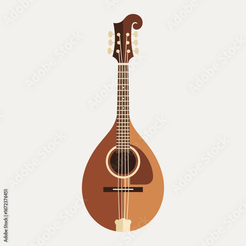 A brown stringed musical instrument with a pear-shaped body.
