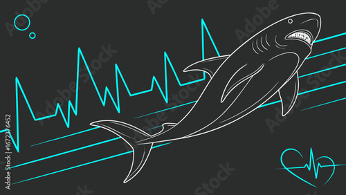 White outline of a shark with an ekg line and heart on a dark background illustration