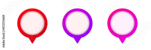 Red, purple, and pink circular markers with pointed bases. useful for location or note indication.