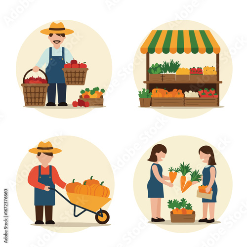 Harvesting/Selling Fresh Produce at Local Farmers Market Farmers & Shoppers