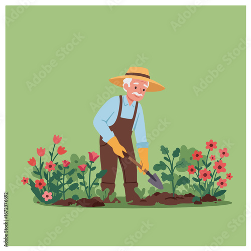 Senior Gardening Flowers in Garden
Description An old man wearing a hat is gardening flowers