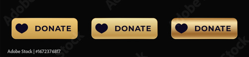 Three golden donation buttons featuring heart symbols for online charity and fundraising campaigns.
