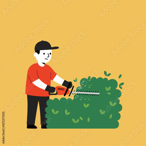 Man Trimming Hedge with Electric Hedge Trimmer in Yard