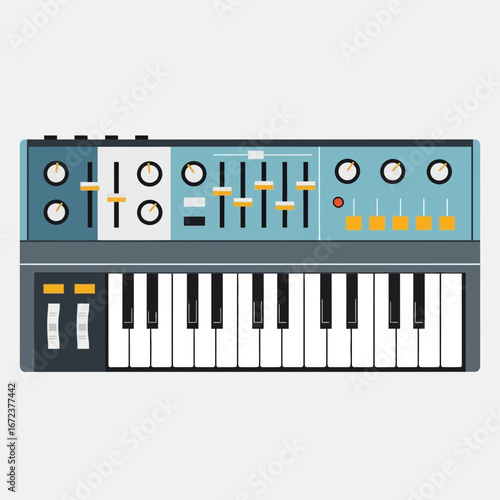 Electronic keyboard synthesizer with knobs and sliders.