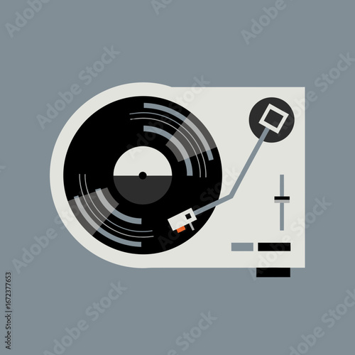 A white turntable with a black record and stylus on a gray background.