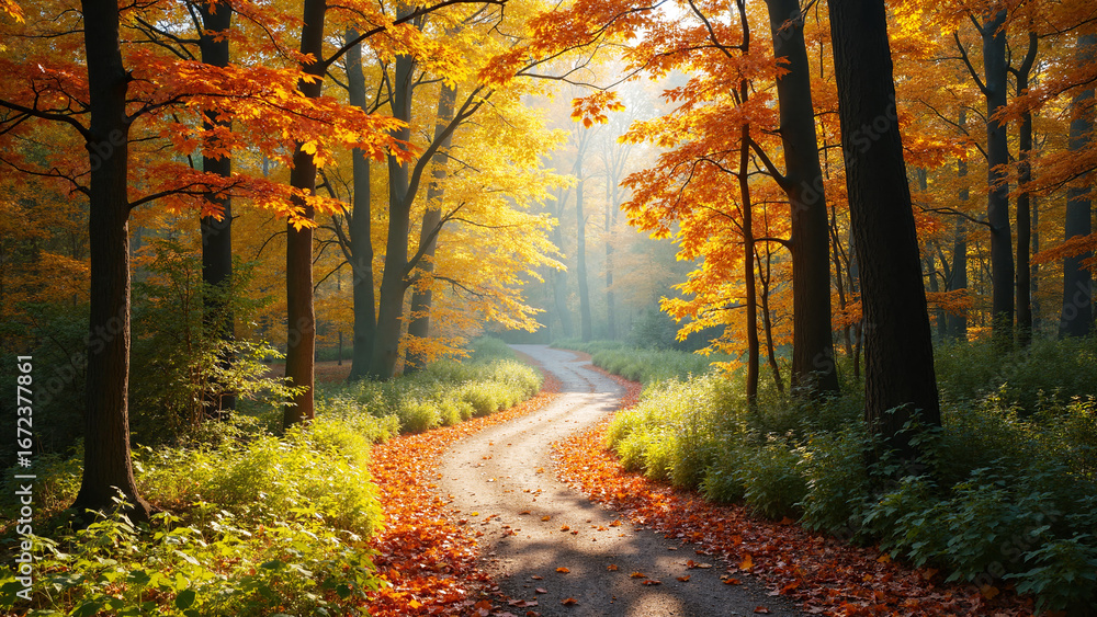 Fototapeta premium A winding path through a forest with changing leaves and sunlight filtering through. Autumn Equinox landscape. Wallpaper.